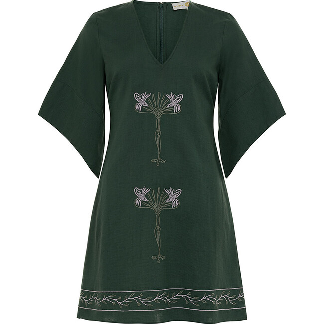 Women's Meredith Linen Dress, Green Forest and Lilac Embroidery - Dresses - 1