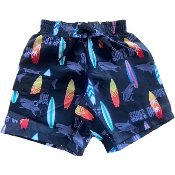 Kids Swim Board Shorts SURFS UP, Black Little Mish Swim