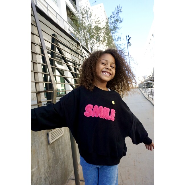 Crew Neck Sweatshirt With SMILE Patch, Black - Sweatshirts - 2