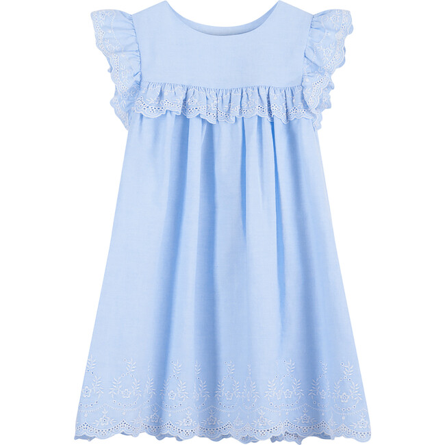 Embroidered Chambray Dress, Blue Chambray - Dresses - 1