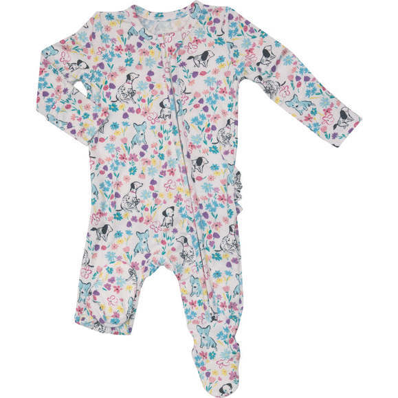 DOG AND FLORAL 2-Way Ruffle Back Zipper Footie - Rompers - 1