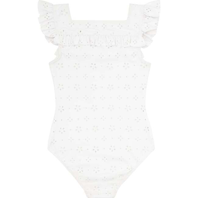 Eyelet Square Neck Double Ruffle One-Piece, White - One Pieces - 3