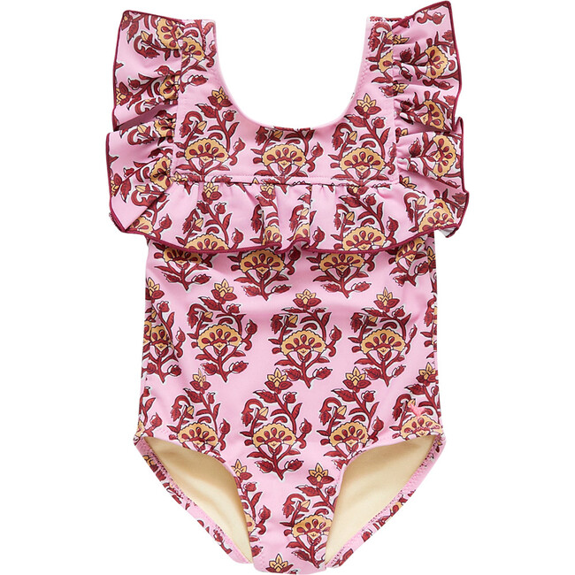 Girls Quinn Suit, Pink Posey Block Print