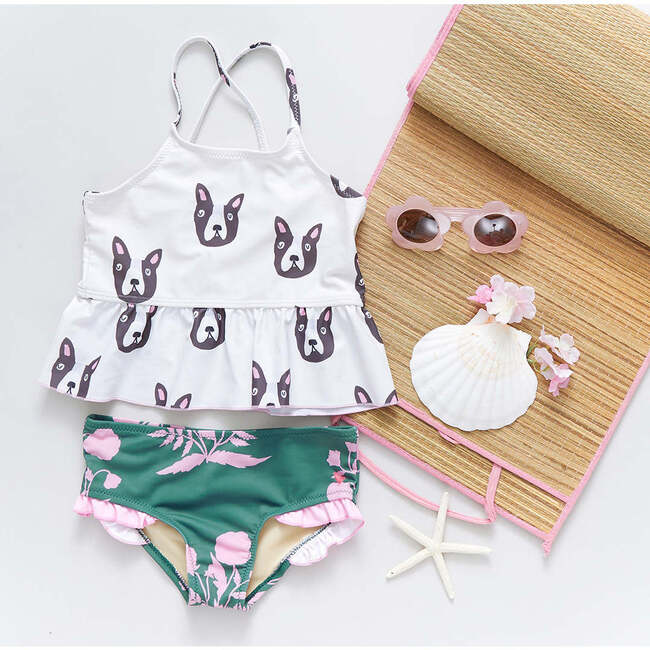 Girls Joy Tankini, Boston Terrier Pink Chicken Swim Maisonette