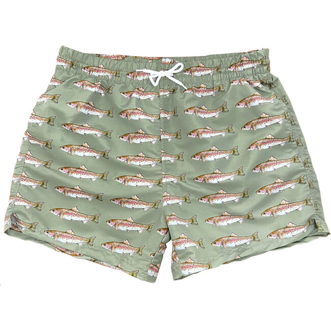 Mens Swim Trunk, Olive Rainbow Trout - Swim Trunks - 1