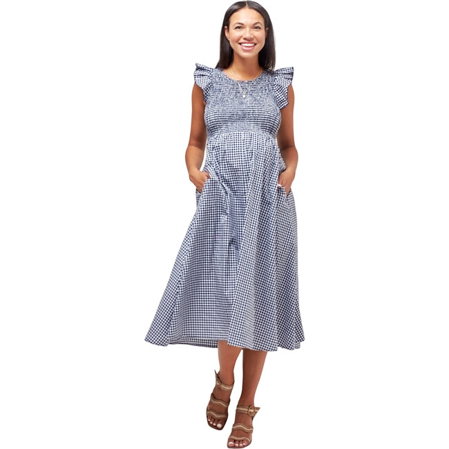 Women's Harper Smocked During And After Dress, Navy Gingham