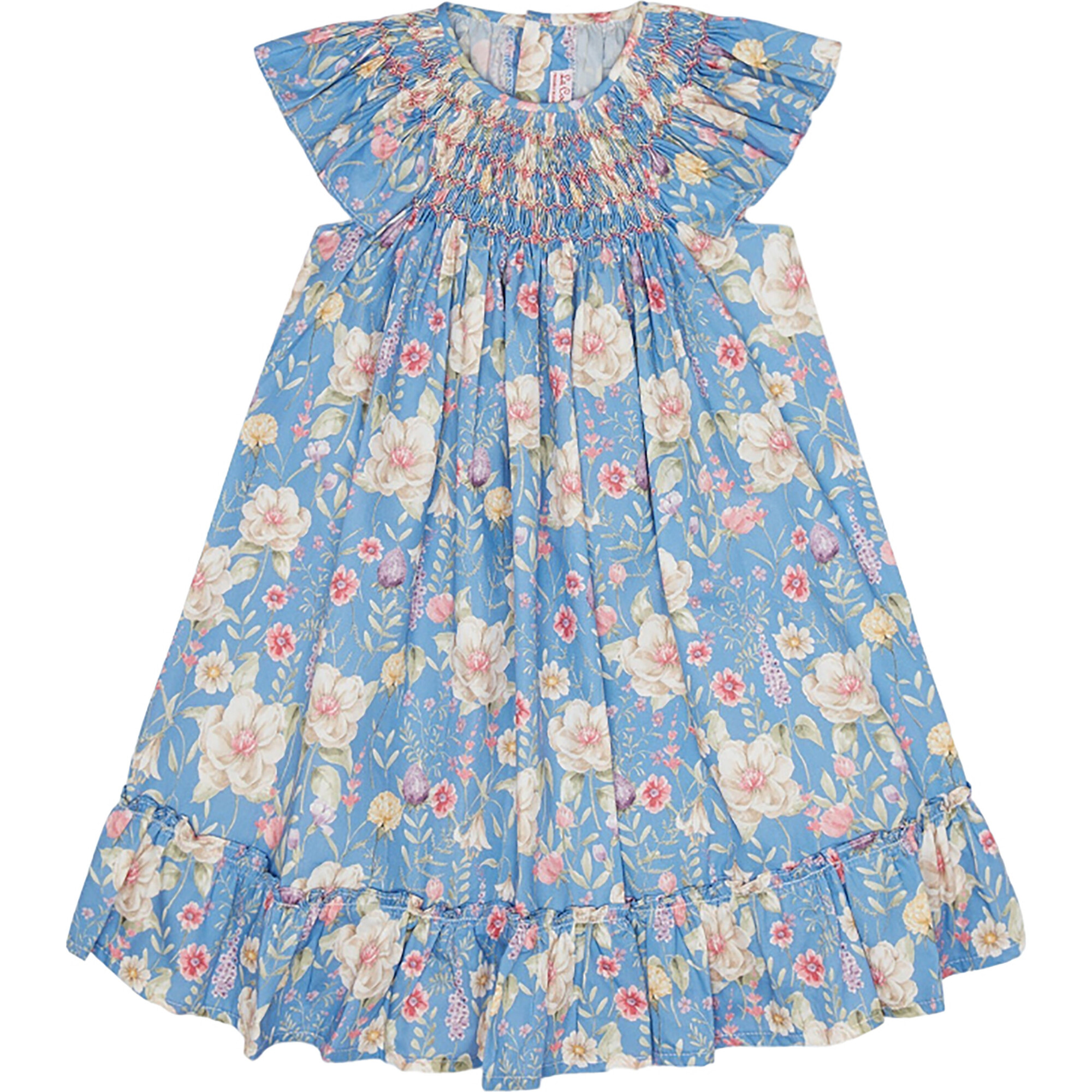 Dahlia Round Neck Smock Dress, Blue Floral - Dresses - 1