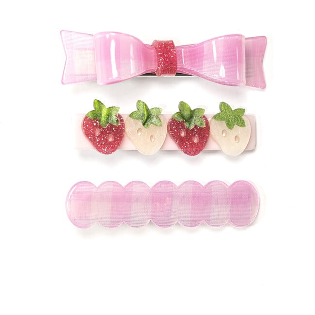 Pink Checkered Bow + Strawberries Alligator Clips