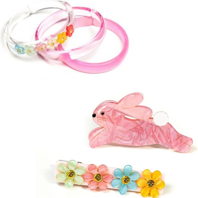 Hop Bunny Pink Satin Alligator Clips and Colorful Pearl Flowers Bangles Set
