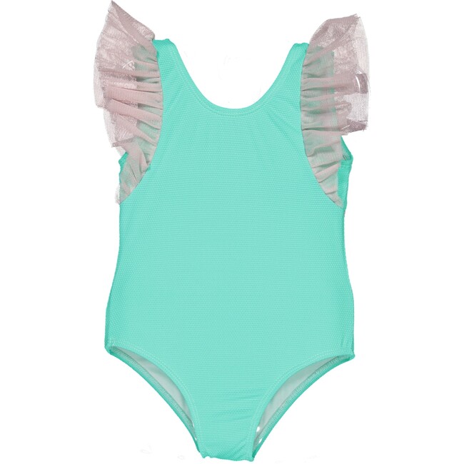 Tulle One-Piece Tulle Shoulder Swimsuit, Torquoise And Pink