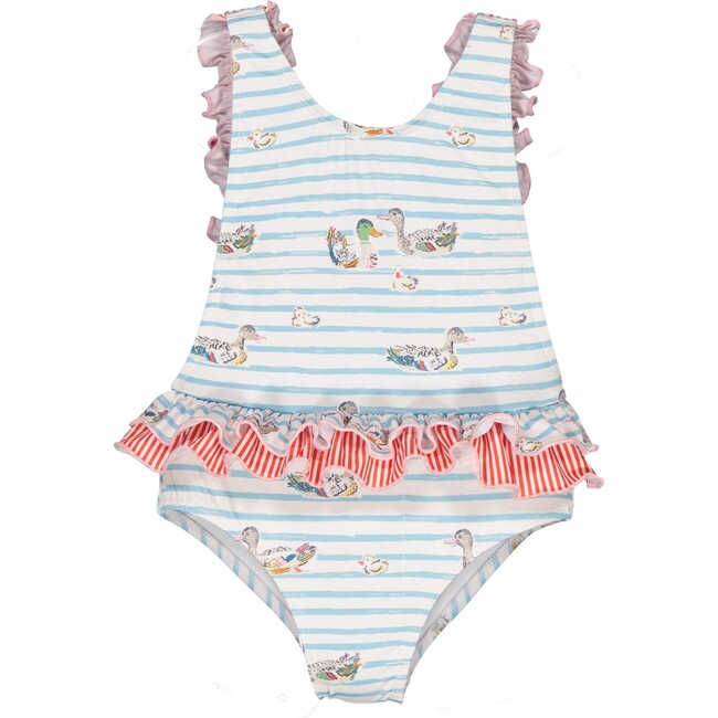 Duck Family One-Piece Swimsuit, Blue And Red