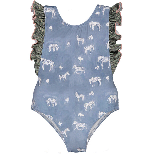 Jungle Zebras One-Piece Swimsuit, Greyish Blue, Green And Blush