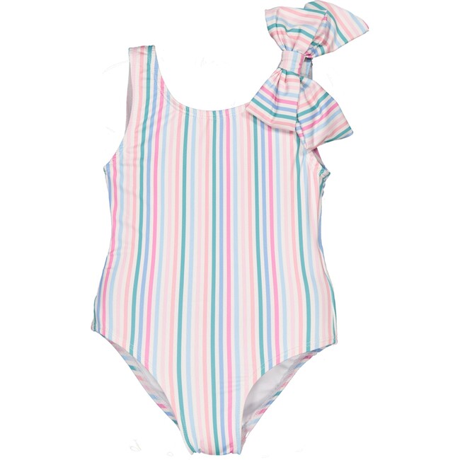 Stripes With Bow One-Piece Swimsuit, Pink, Blue And Green - One Pieces - 1