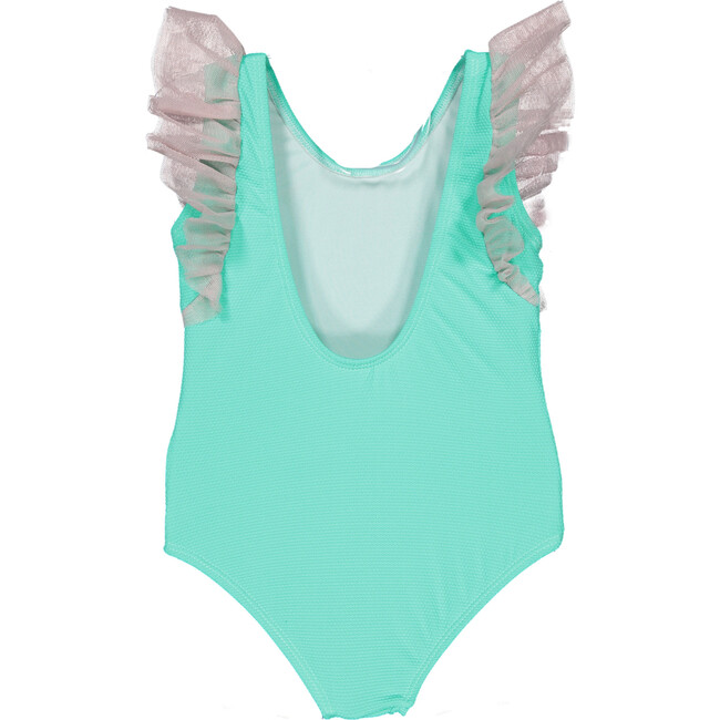 Tulle One-Piece Tulle Shoulder Swimsuit, Torquoise And Pink - One Pieces - 2