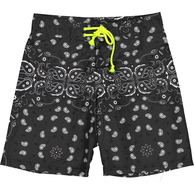Dark Bandana Surfer Swim Shorts, Dark Grey, Black And Yellow - Swim Trunks - 1