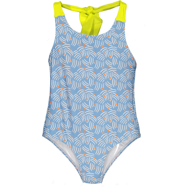 Blue Brush Strokes One-Piece Swimsuit, Blue, Orange And Yellow