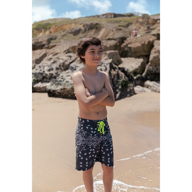 Dark Bandana Surfer Swim Shorts, Dark Grey, Black And Yellow - Swim Trunks - 3