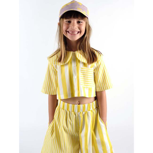 Leonilde Short Sleeve Cropped Blouse, Yellow Stripes - Blouses - 2