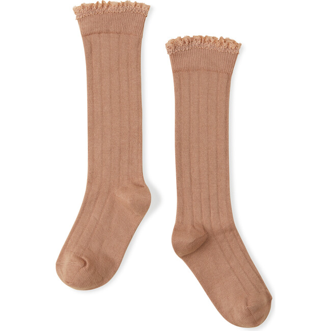 Solid Knee-High Socks With Ruffle Trim, Brown