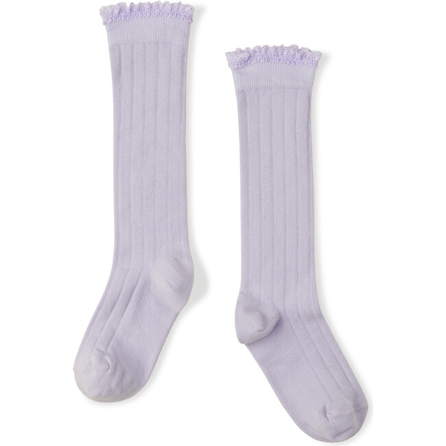 Solid Knee-High Socks With Ruffle Trim, Evening Haze