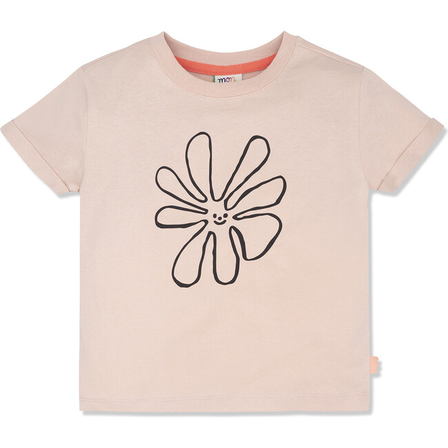 Flower Ribbed Neck Short Sleeve T-Shirt, Pink