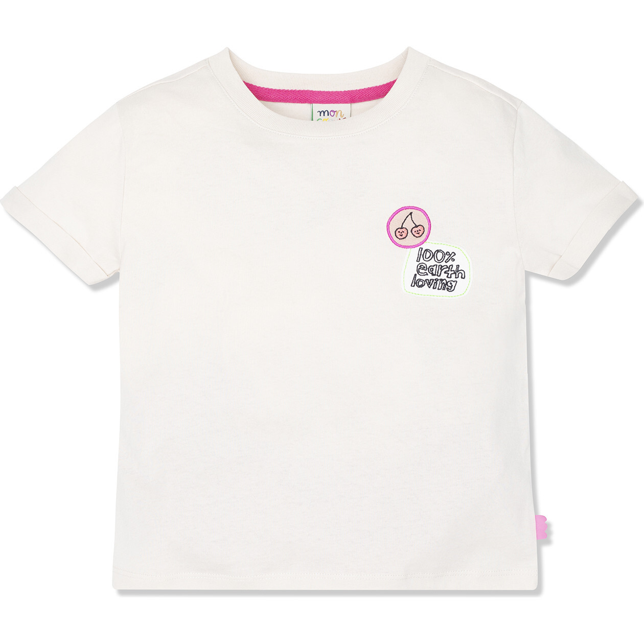 100% Earth Loving Patches Ribbed Neck Short Sleeve T-Shirt, Cream - T-Shirts - 1