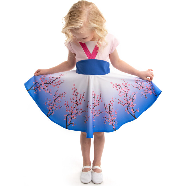 Cherry Blossom Short Sleeve Ombre Twirl Dress, White And Blue
