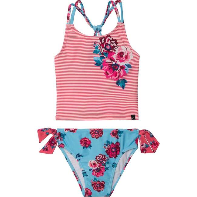 Printed Two-Piece Swimsuit, Pink Stripe And Blue Roses
