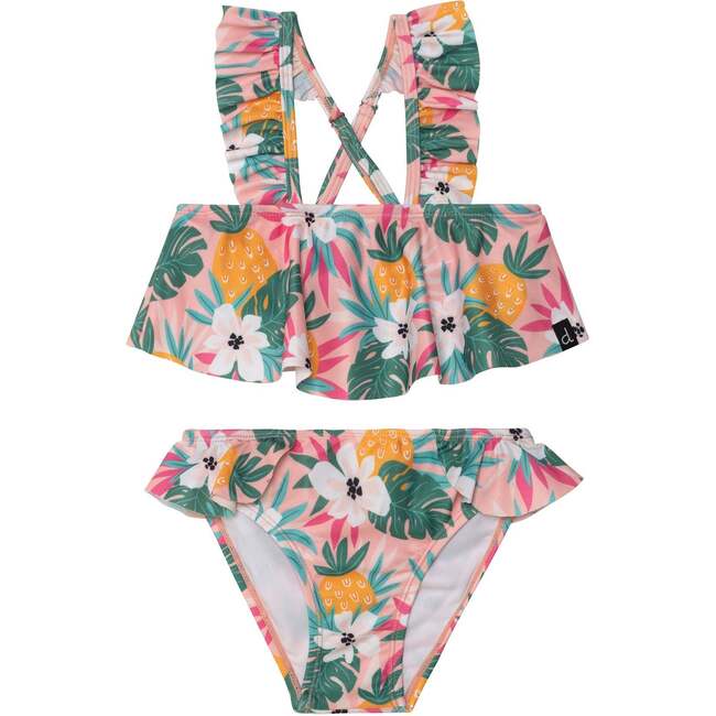 Printed Two-Piece Swimsuit, Light Pink Tropical Flowers