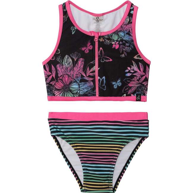 Printed Two-Piece Swimsuit, Black Butterflies And Multicolor Stripes ...