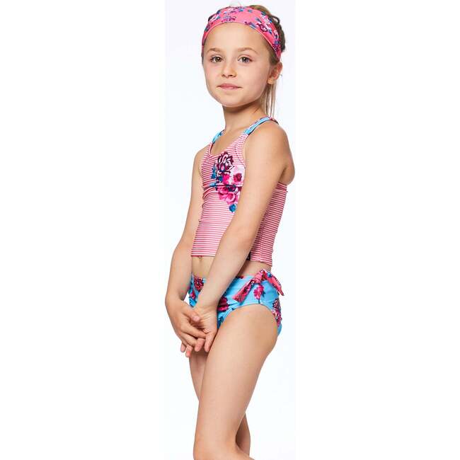 Printed Two-Piece Swimsuit, Pink Stripe And Blue Roses - Two Pieces - 2