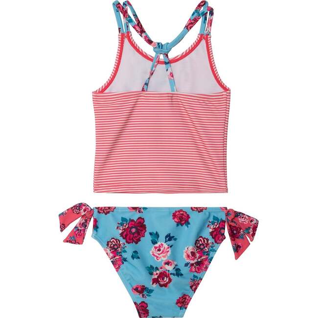 Printed Two-Piece Swimsuit, Pink Stripe And Blue Roses - Two Pieces - 4