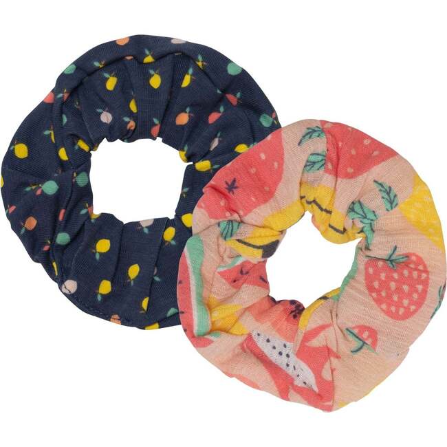 Printed Two Pack Scrunchy Set, Coral Fruits And Navy Lemons - Bows - 1