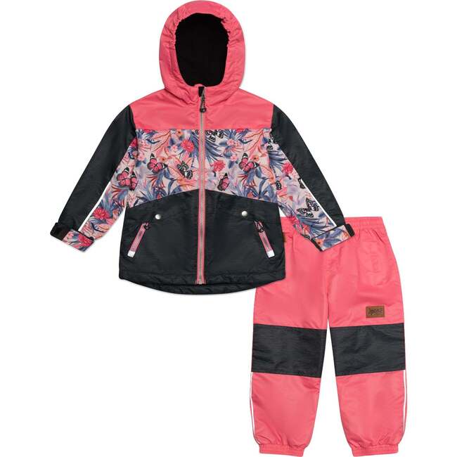 Printed Two-Piece Colorblocked Spring Rain Set, Coral Butterflies And Black - Raincoats - 1