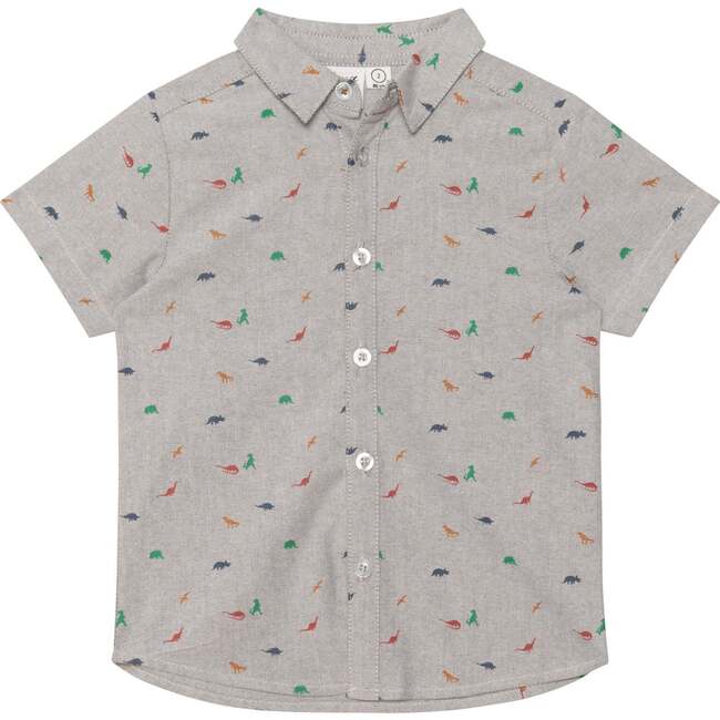 Printed Short Sleeve Shirt, Light Grey Mix Mini Dinosaurs - Shirts - 1