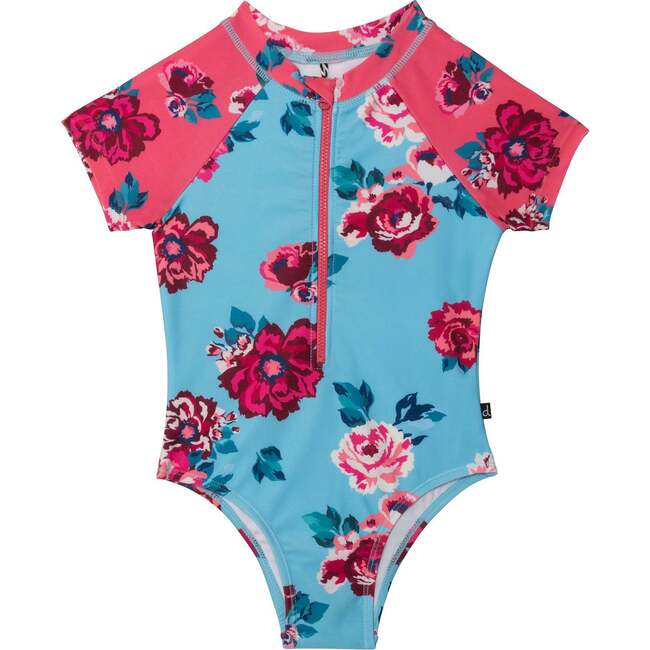 Printed Short Sleeve One-Piece Rashguard, Pink And Blue Roses
