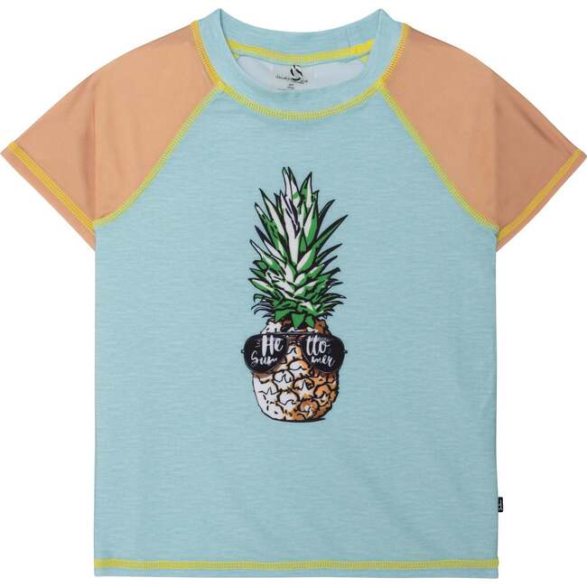Short Sleeve Rashguard, Turquoise And Brown Pineapple Print