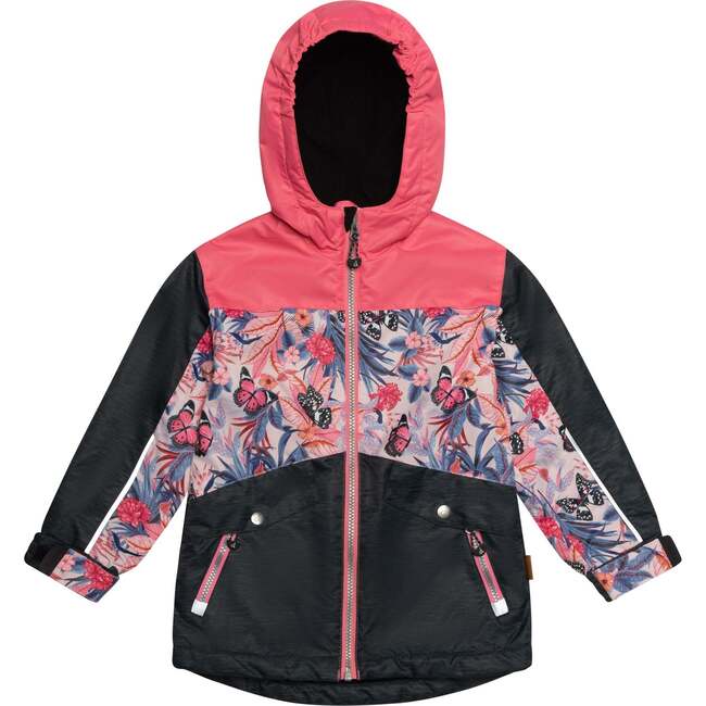 Printed Two-Piece Colorblocked Spring Rain Set, Coral Butterflies And Black - Raincoats - 6