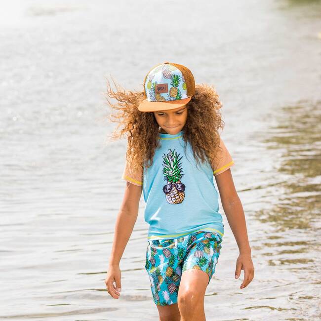 Short Sleeve Rashguard, Turquoise And Brown Pineapple Print - Rash Guards - 2