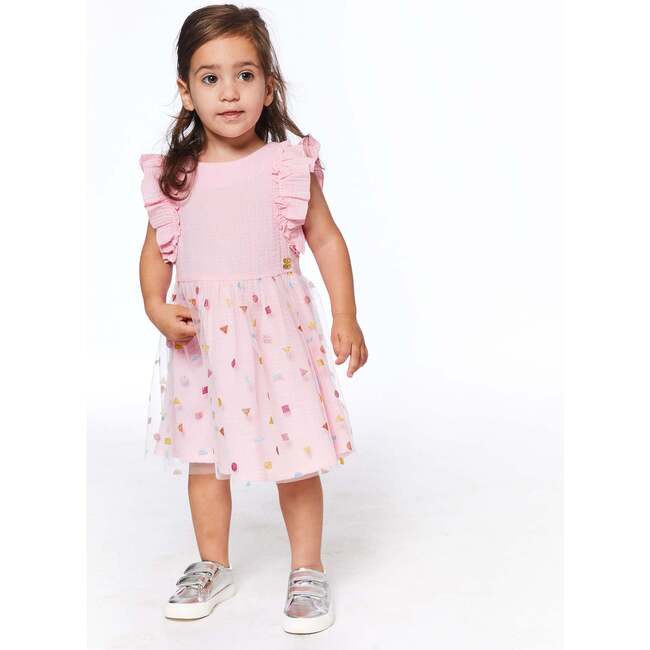 Short Sleeve Frill Dress With Tulle Print Skirt, Pink - Dresses - 2