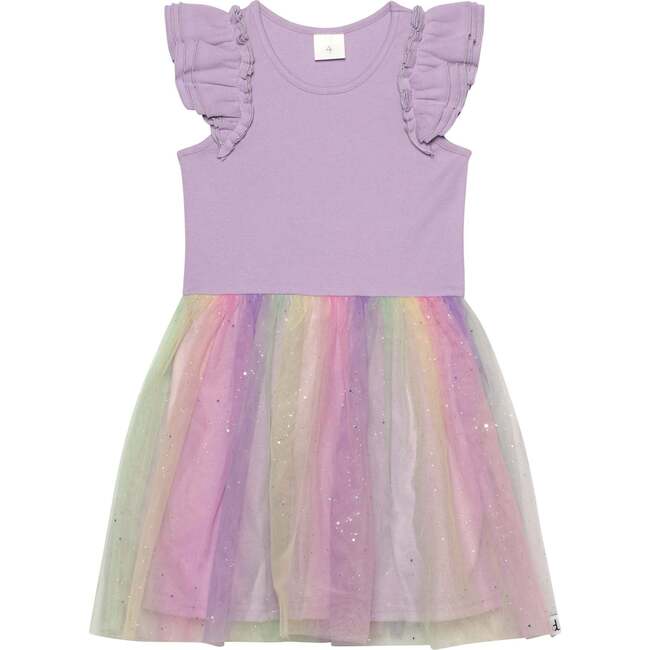 Short Sleeve Dress With Rainbow, Tulle Skirt, Lilac - Dresses - 1