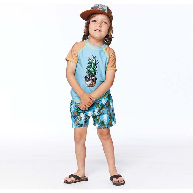 Short Sleeve Rashguard, Turquoise And Brown Pineapple Print - Rash Guards - 3