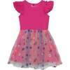 Short Sleeve Dress With Embroidered Tulle Skirt, Hot Coral With Multicolor Flowers - Dresses - 1 - thumbnail