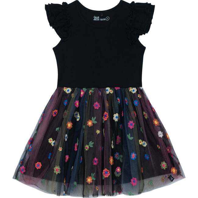 Short Sleeve Dress With Embroidered Tulle Skirt, Black With Multicolor Flowers