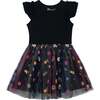 Short Sleeve Dress With Embroidered Tulle Skirt, Black With Multicolor Flowers - Dresses - 1 - thumbnail