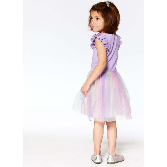 Short Sleeve Dress With Rainbow, Tulle Skirt, Lilac - Dresses - 2