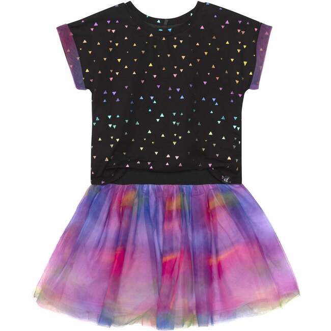 Printed Short Sleeve Dress With Tulle Skirt, Black And Multicolor Waves - Dresses - 1