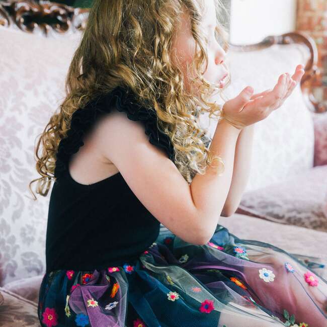 Short Sleeve Dress With Embroidered Tulle Skirt, Black With Multicolor Flowers - Dresses - 2