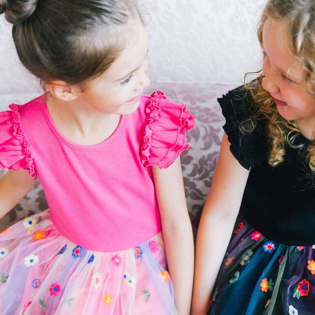Short Sleeve Dress With Embroidered Tulle Skirt, Hot Coral With Multicolor Flowers - Dresses - 2
