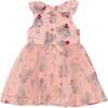 Printed Short Sleeve Dress With Tulle Skirt, Vintage Pink Botanical Flowers - Dresses - 1 - thumbnail